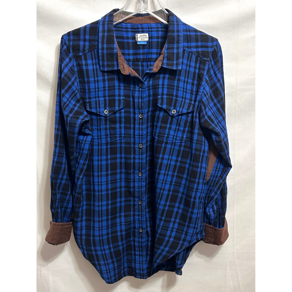 KAVU Blue Black Plaid Flannel Shirt Women Medium Corduroy Elbow Patches Cotton